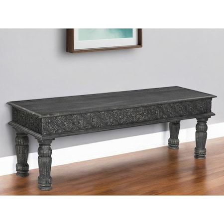 Homeroots 58" Black Floral Distressed Solid Wood Dining Bench 522089