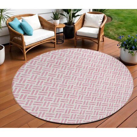 Homeroots 8' Pink And Ivory Round Geometric Washable Indoor Outdoor Area Rug 614769