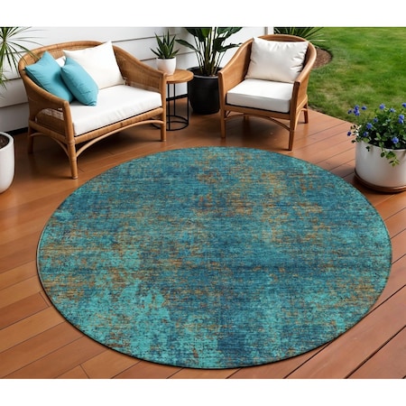 Homeroots 8' Teal Blue Navy Blue And Brown Round Abstract Washable Indoor Outdoor Area Rug 612366