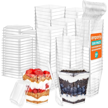 Emporio Kitchen 5oz Plastic Dessert Cups with Lids and Spoons, BPA-Free, Clear, Reusable, 300PK EMPKDC300