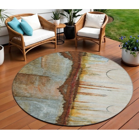Homeroots 8' Rust And Beige Round Abstract Washable Indoor Outdoor Area Rug 630479