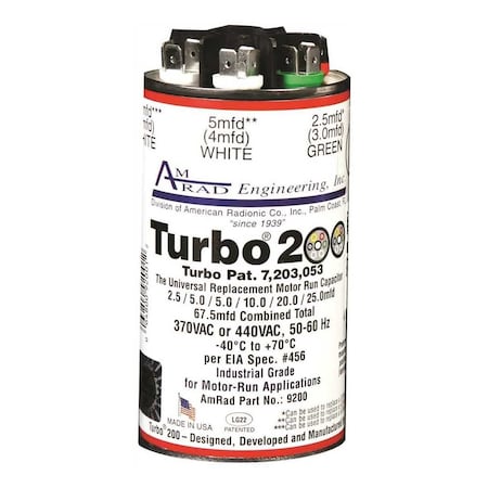 Global Source CAPACITOR, 2.5-67.5 MFD, 370 / 440 VAC TURBO 200