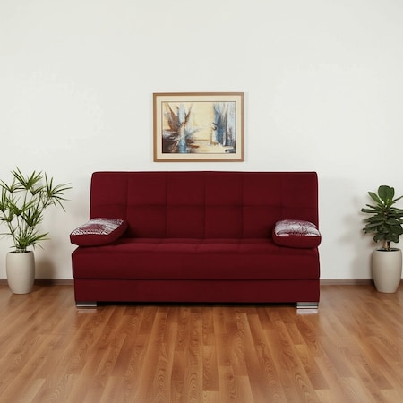 Homeroots 75" Burgundy Chenille Convertible Futon Sleeper Sofa And Toss Pillows With Storage 607204