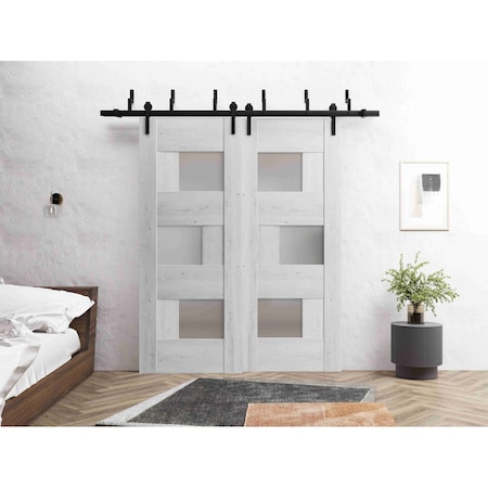 Vdomdoors Sliding Closet Barn Bypass Doors 84 x 84in, Sete 6933 Nordic White W/ Frosted Glass, Sturdy 8ft Rails SETE6933BBB-NOR-8484