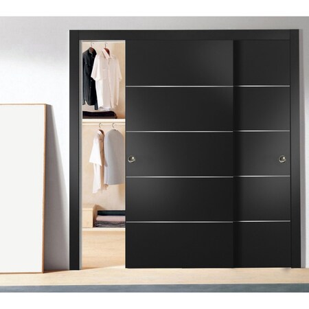 Sartodoors Sliding Closet Bypass Doors, Planum 0020 Matte Black, Sturdy Rails Moldings Trims Hardware Set, Woo PLANUM0020DBD-BLK-84
