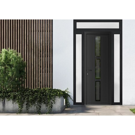 Vdomdoors Front Exterior Prehung Metal-Plastic Door, Manux 8112 Matte Black, 2 Side and Top Sidelite Transom, MANUX8112EXD-BLK-W16+36+16xH80+14-RH