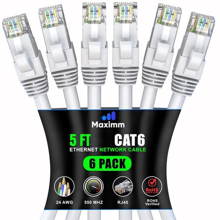 Maximm Cat6 Ethernet Cable 5ft 10Gbps 550MHz UTP, 6PK, White, 6PK WH6PK07