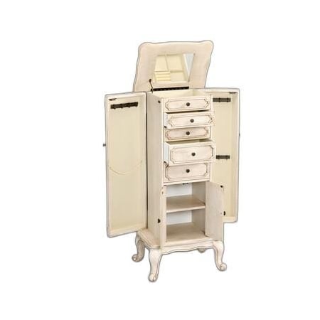 Homeroots 13" X 18.75" X 43" Antique White Mirrored Jewelry Armoire 320553