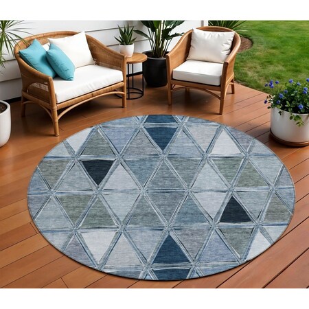 Homeroots 8' Denim Blue And Sky Blue Round Geometric Washable Indoor Outdoor Area Rug 583024