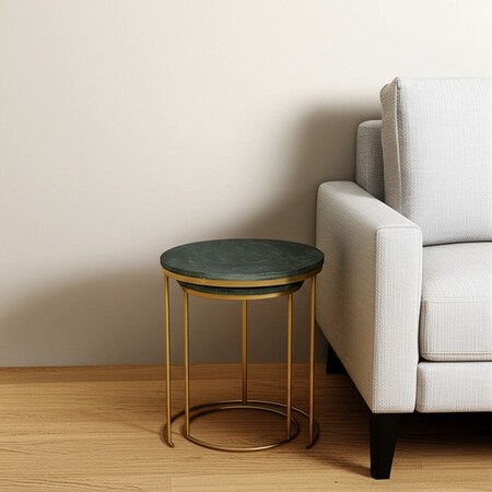 Homeroots Set of Two Green and Gold Marble and Metal Round Nested Tables 632676