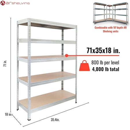 Ar Shelving 35.4 x 18 x 71 in. Galvanized Storage Rack with 5-Tier Freestanding Shelf Unit - 800 lbs TR18S510KHEDZUS0