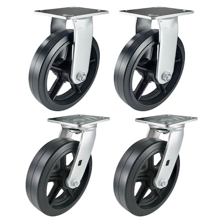 Hyw Products Heavy Duty Caster Set 8in Rubber on Cast Iron Wheels, 2 Rigid & 2 Swivel, 4PK 40-80R-A1-RC-2,40-80S-A1-RC-2
