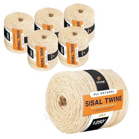 Xpose Safety Sisal Twine, 1-Ply 1250 ft Natural Fiber Rope, Crafts, Cat Scratcher & Pole Wrap, 6PK 1PST-1250-6-X-S
