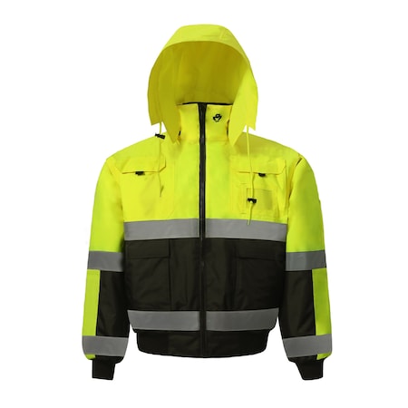 2W International Hi-Vis Reversible Bomber Jacket, 100% Polyester Oxford with PU coating., Class 3 Lime, M 350C-3 M