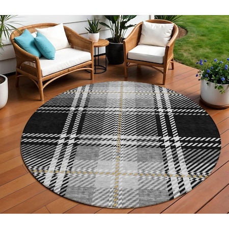 Homeroots 8' Black Gold And Gray Round Plaid Washable Indoor Outdoor Area Rug 596311
