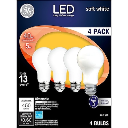 Ge Industrial Solutions LED Bulb, General Purpose, 450 Lumens, 5 W, A19 Lamp, 40 W Equivalent, Medium Lamp Base, 4PK 93098311
