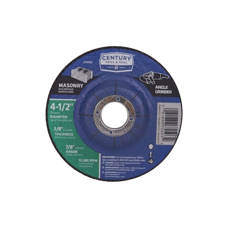 Century Drill & Tool Grinding Wheel, 4-1/2x1/8 in., Type 27, Type 27, 4-1/2 in Dia, 1/8 in Thick, 7/8 in Arbor Hole Size 75503