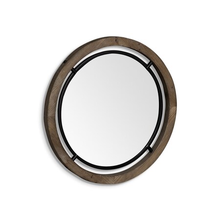 Homeroots 24" Brown And Black Round Metal And Wood Framed Accent Mirror 376407