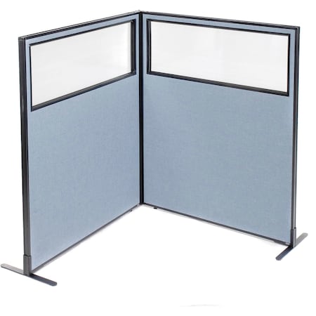 Global Industrial Interion Freestanding 2-Panel Corner Room Divider w/Partial Window 48-1/4"W x 60"H Panels Blue 695025BL