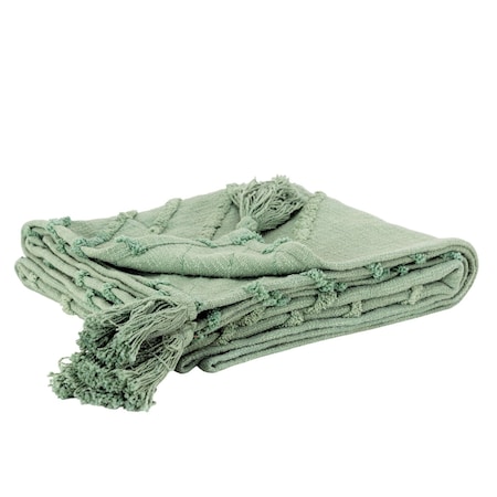 Homeroots 50" X 60" Green Cotton Woven Geometric Throw Blanket with Tassels 518849