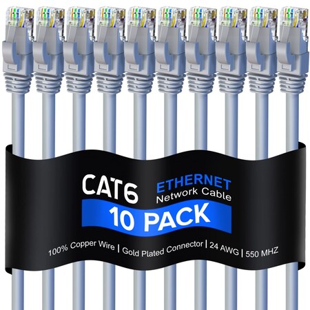 Maximm 0.9ft Cat6 Round LAN Patch Cable, 10PK, Gray, 10PK CAT6-0.9FT-GRAY-10PK