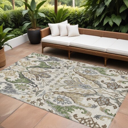 Homeroots 9' X 12' Ivory Green And Brown Floral Washable Indoor Outdoor Area Rug 605287