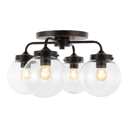 Jonathan Y Piper 18" 4-Light Farmhouse Rustic Iron/Glass LED Semi Flush Mount, Oil Rubbed Bronze/Clear JYL7569A
