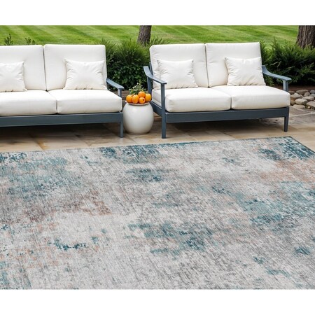 Homeroots 10' X 14' Teal Blue Beige And Copper Abstract Washable Indoor Outdoor Area Rug 587889
