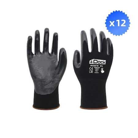 4Dock Nitrile Coated Glove, Black/Green, M 12 PK WG007-M