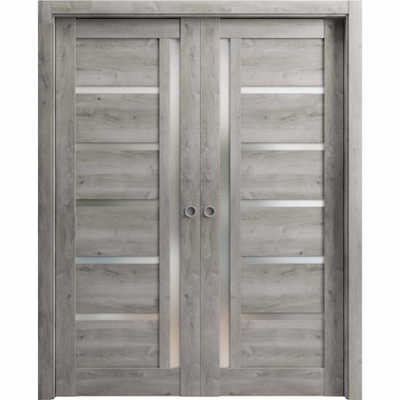 Sartodoors Sliding French Double Pocket Doors Frosted Glass Grey 36x84 (2* 18x84) Solid Core Modern Interior QUADRO4088DP-NEB-3684