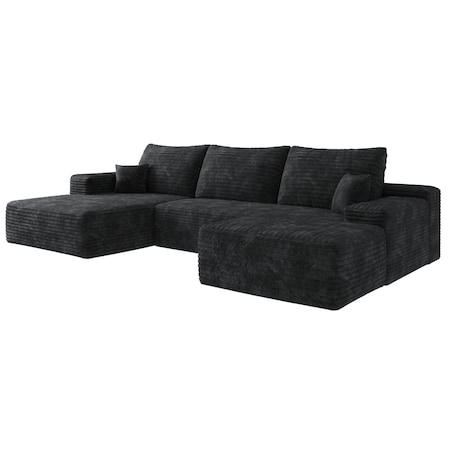 Homeroots 135" Black Corduroy Modular Compression Foam Sofa With Ottoman And Toss Pillows 712944