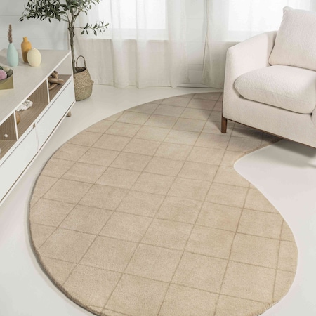 Jonathan Y Bean Modern Plaid Grid Handwoven Wool Beige/Light Brown 5 ft. x 8 ft. Shaped Area Rug GST104A-5
