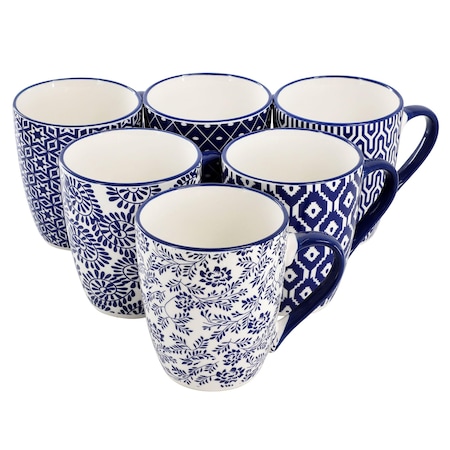 Elama Declan 6 Piece 12 Ounce Assorted Design Stoneware Mug Set in Blue and White ELM-DECLAN
