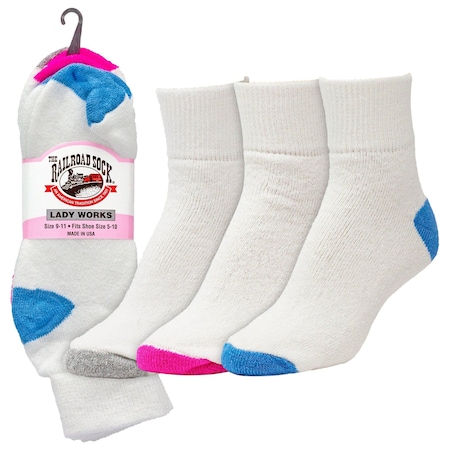 Railroad Sock Womens Quarter Socks, 80% Ringspun Cotton, 20% Nylon, White/Assorted, 5-10 W; 4 Pair-7.5 M, 3 PK 3013
