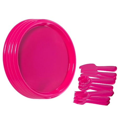 Basicwise Reusable Cutlery Set of 4 Plastic Plates, Spoons, Forks and Knives for Baby and Toddlers, Pink QI003831.RD
