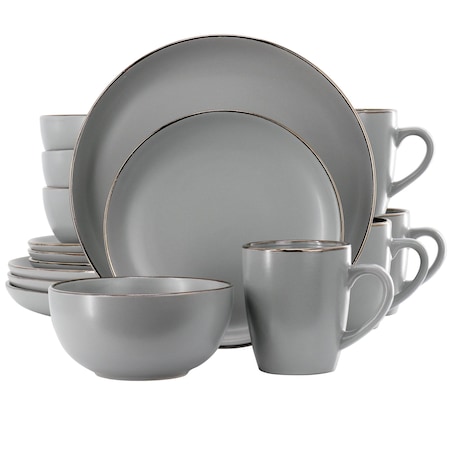 Gibson Home Rockaway 16 Piece Stoneware Gold Rimmed Dinnerware Set in Grey 127317.16R