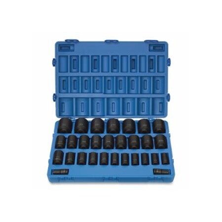 Grey Pneumatic Impact Socket Set, 3/4 in Dr, SAE, 6-point, 3/4 in to 2-1/2 in, 29-Pc Deep Length 914-8029D
