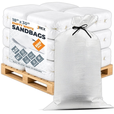 Jrex Safety Woven White Polypropylene Sandbags - 18 x 30 in, 100 lb Capacity, Half Pallet (5,000) SBW-JR-1830-HP5000