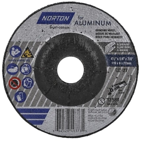 Norton Abrasives Depressed Center Wheel, Type 27, 4 1/2 in Dia, 0.25 in Thick, 7/8 in Arbor Hole Size, 20 Grit 66252849373
