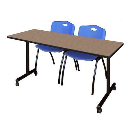 Regency Kobe Mobile T-Base Training Table W/ 2 M Stack Chairs, 72 in W, 24 in L, Noble Oak MKTRCC7224NO47BE