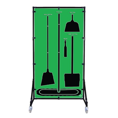 5S Supplies Housekeeping Shadow Board Broom Station V4, Green / Black Shadows, Kit + Stand, No Text HSB-V4-GREEN-KIT-STAND-NO TEXT