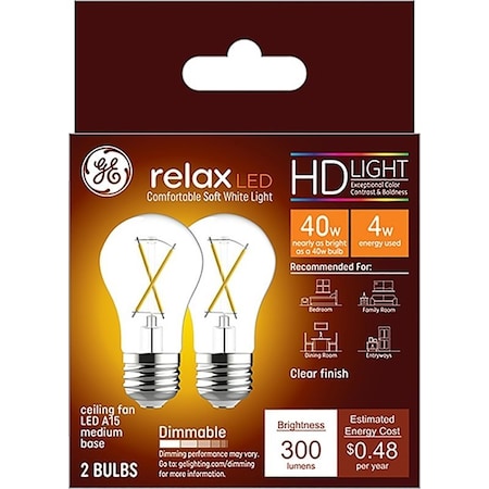 Ge Relax Replacement Bulb, A15 Lamp, 40 W Equivalent, Medium E26 Lamp Base, Dimmable, Clear, PK2 31313