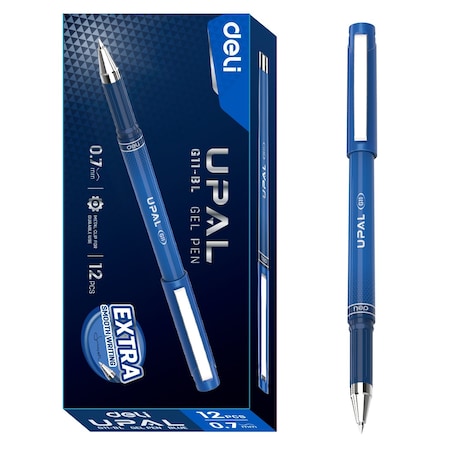 Deli UPAL Gel Pen 0.7mm, Blue Ink, Capped, Metal Clip, 12PK EG11-BL