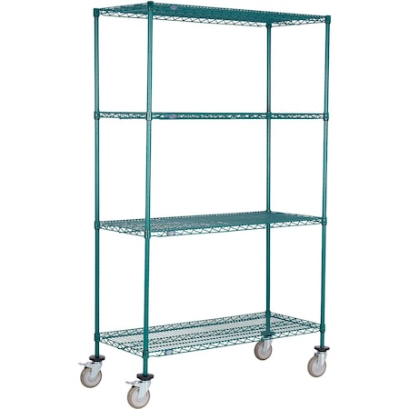 Global Industrial Nexel 4 Shelf Truck, Poly-Green, 42"W x 21"D x 60"H, Polyurethane Swivel Casters, 2 Brakes B3157906
