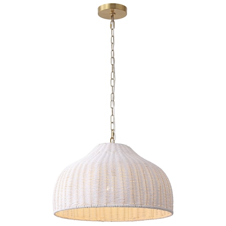 Jonathan Y Eliza 20 in. 1-Light Coastal Bohemian Woven Rattan and Iron LED Pendant, White/Brass Gold JYL1133B