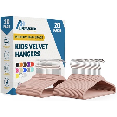 Lifemaster Pink Velvet Kids Hangers 20 Pack, 10.83" Non-Slip, Slim ABS, Swivel Hook & Notches LMVVBH20PK