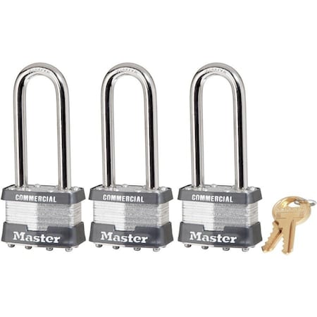 Master Lock Padlocks, Keyed Alike, Long Shackle, Rectangular Steel Body, Steel Shackle, 3/4 in W, 3 PK 1TRILJCOM