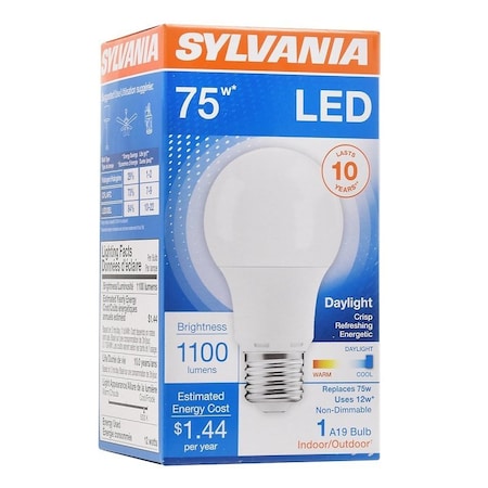 Sylvania LED Light Bulb, General Purpose, A19 Lamp, 75 W Equivalent, E26 Lamp Base, Frosted, White Light 79293