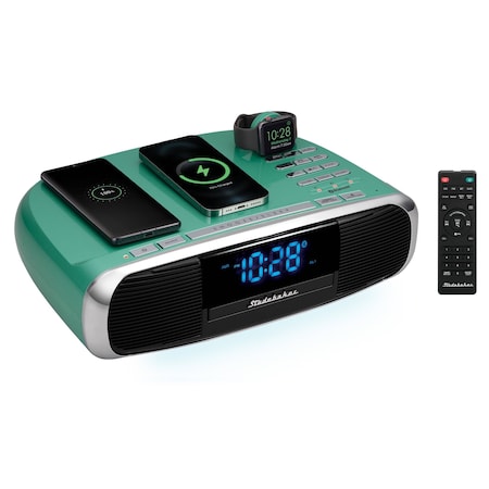 Studebaker Workstation Hi-Fi Music System with FM Radio, CD and Qi Wireless Charging Station, Teal SB5050TE-PD