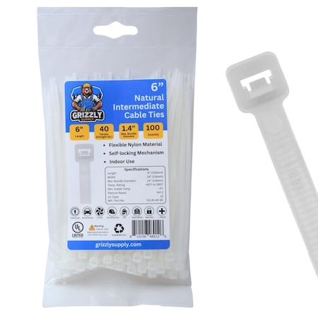 Grizzly Supply Cable Tie, 6 in L, 40 lb Strength, 1.4 in Max Bundle Dia, Nylon 6/6, Natural, 100PK GS-I6-40-9C